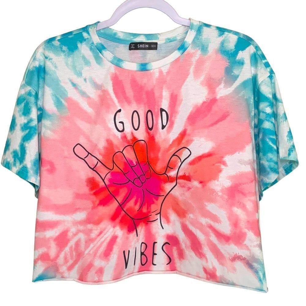 Shein Women’s Good Vibes Tie Dye Graphic Print Cropped Cotton Top Size Medium